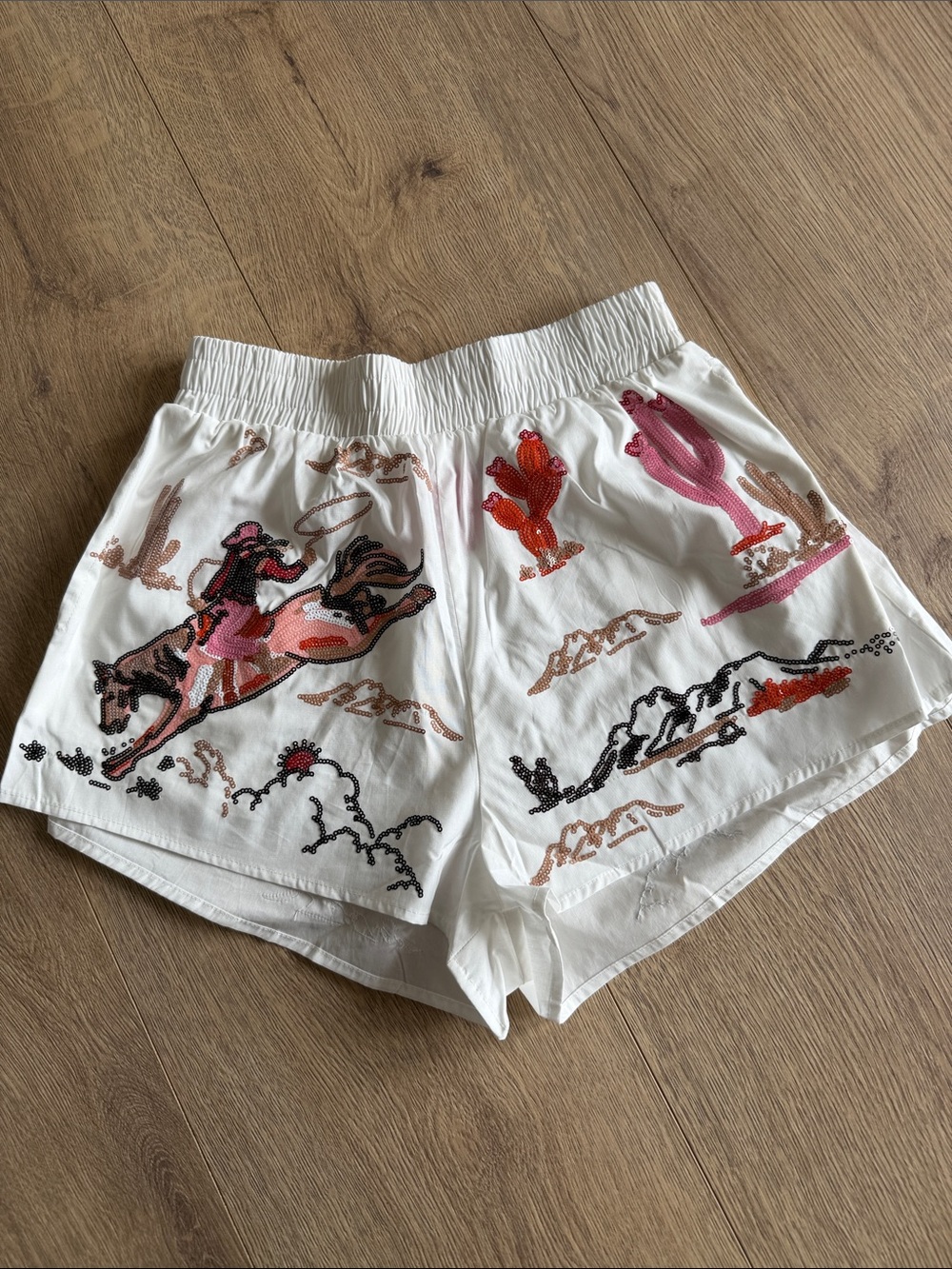 QUEEN OF SPARKLES White Athletic Shorts with Pink & Red Western Embroidery - XS